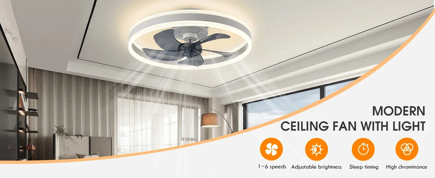 Modern LED Ceiling Fan With Light DC Motor 6-speed Timing Fan 50CM Low Floor Loft Remote Control Decorative Fan With Light