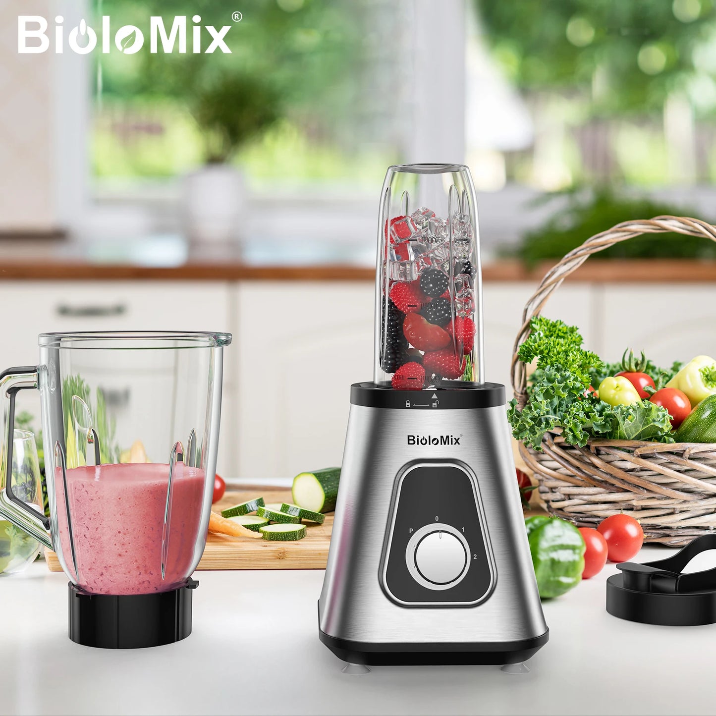 BioloMix 1300W Smoothie Blender with 1.5L Glass Jar, Personal Blenders Combo for Frozen Fruit Drinks, Sauces