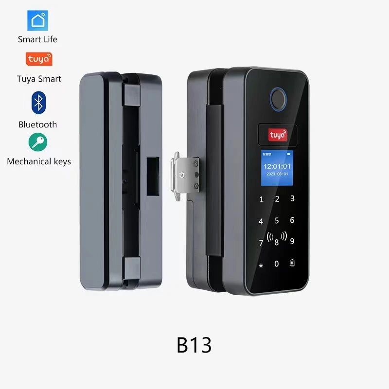 Tuya APP Glass Door Fingerprint Lock Bluetooth Smart Biometric Electronic Door Lock 13.56Mhz RFID Remote Control Keyless Unlock