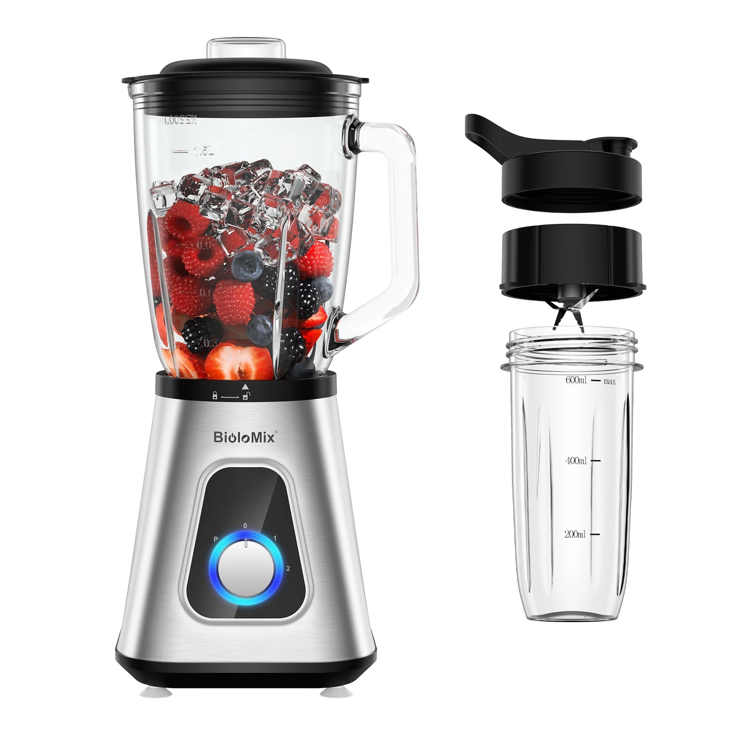 BioloMix 1300W Smoothie Blender with 1.5L Glass Jar, Personal Blenders Combo for Frozen Fruit Drinks, Sauces