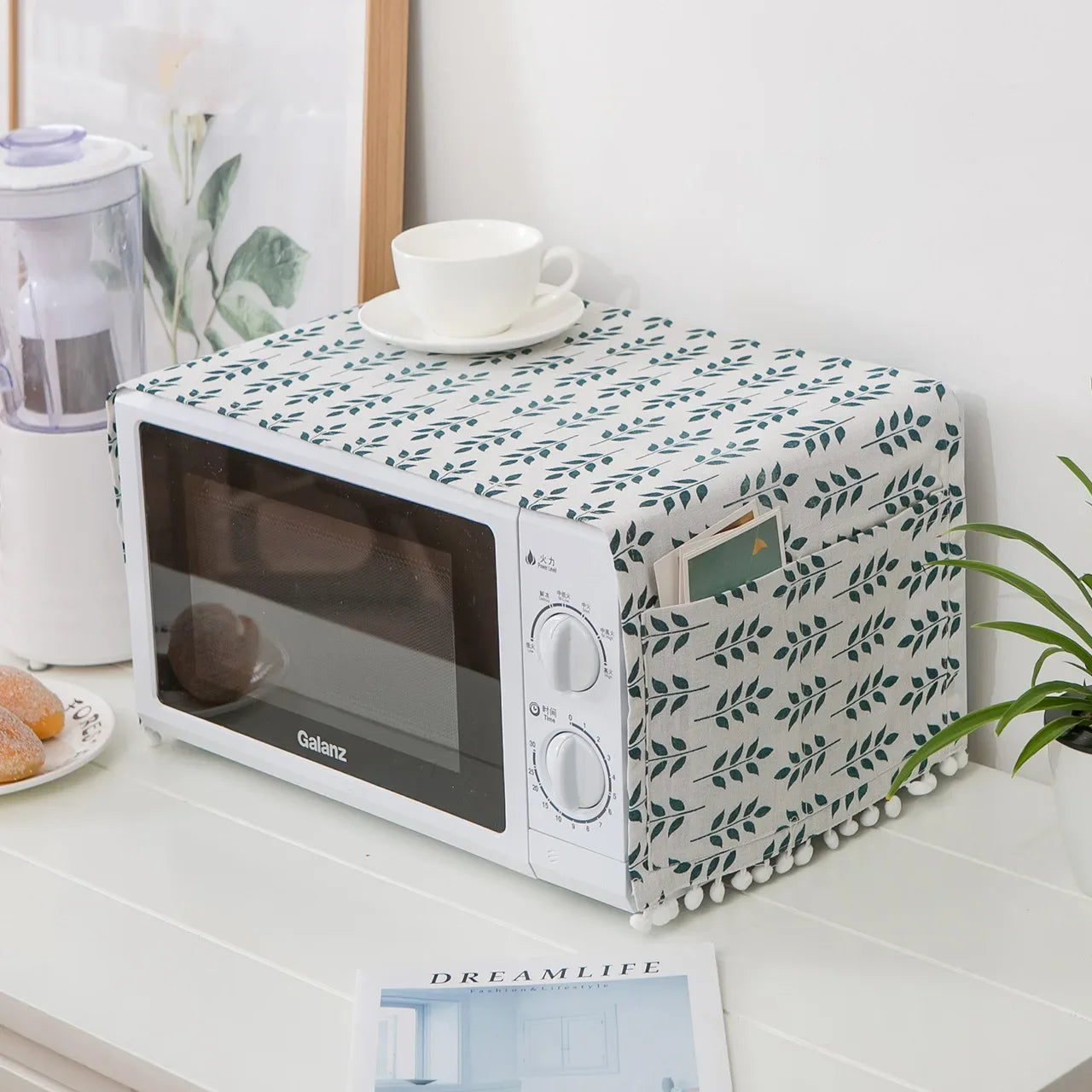 Microwave oven cover, cotton linen, black, pink, storage bag, Double Pockets, dust cover, kitchen accessories