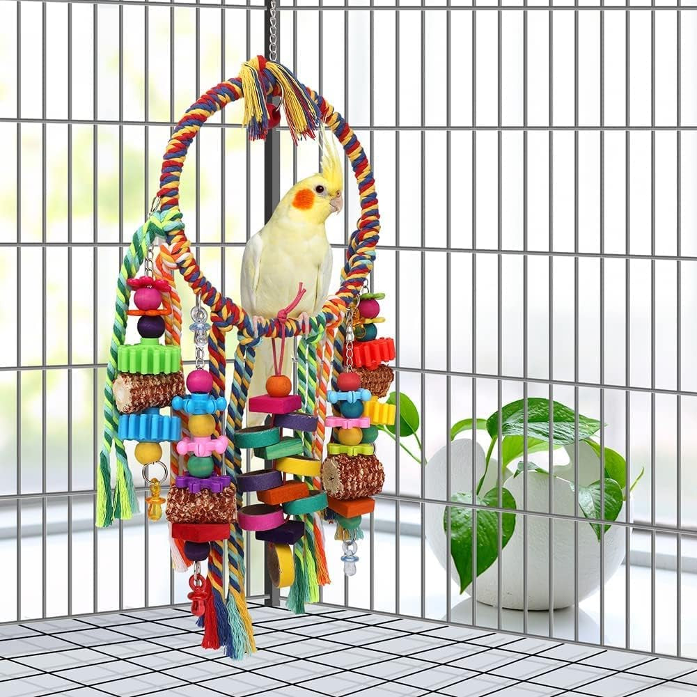 Bird Toys Bird Rope Ring Swing Perch with Corn Cob Cardboard Bagels Wooden Blocks Chewing Toys for Parakeets,Conure,Lovebirds,Finches and Other Small to Medium-Sized Birds