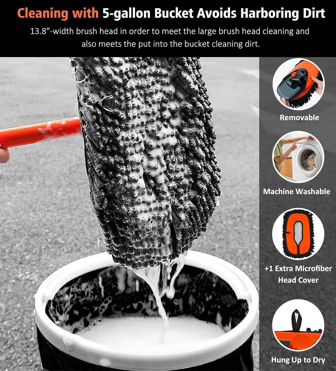 55" Car Wash Brush Mop with Long Handle, Extendable Curved Car Cleaning Brush with Extra Microfiber Mop Head, Soft Car Wash Brush Kit with Storage Bag for Truck SUV Cleaning, Orange