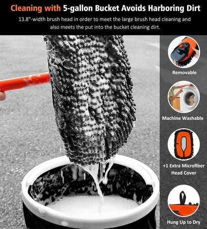 55" Car Wash Brush Mop with Long Handle, Extendable Curved Car Cleaning Brush with Extra Microfiber Mop Head, Soft Car Wash Brush Kit with Storage Bag for Truck SUV Cleaning, Orange