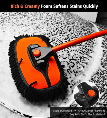 55" Car Wash Brush Mop with Long Handle, Extendable Curved Car Cleaning Brush with Extra Microfiber Mop Head, Soft Car Wash Brush Kit with Storage Bag for Truck SUV Cleaning, Orange