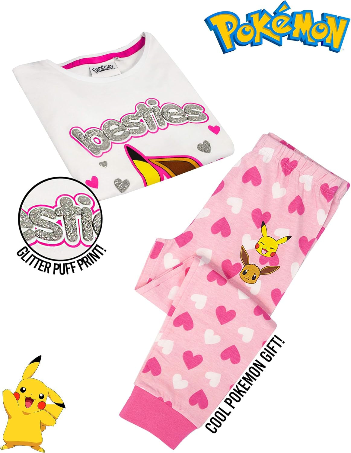 Pokemon Pyjamas Pikachu & Eevee Frill Sleeve Long or Short Leg Girls Pjs