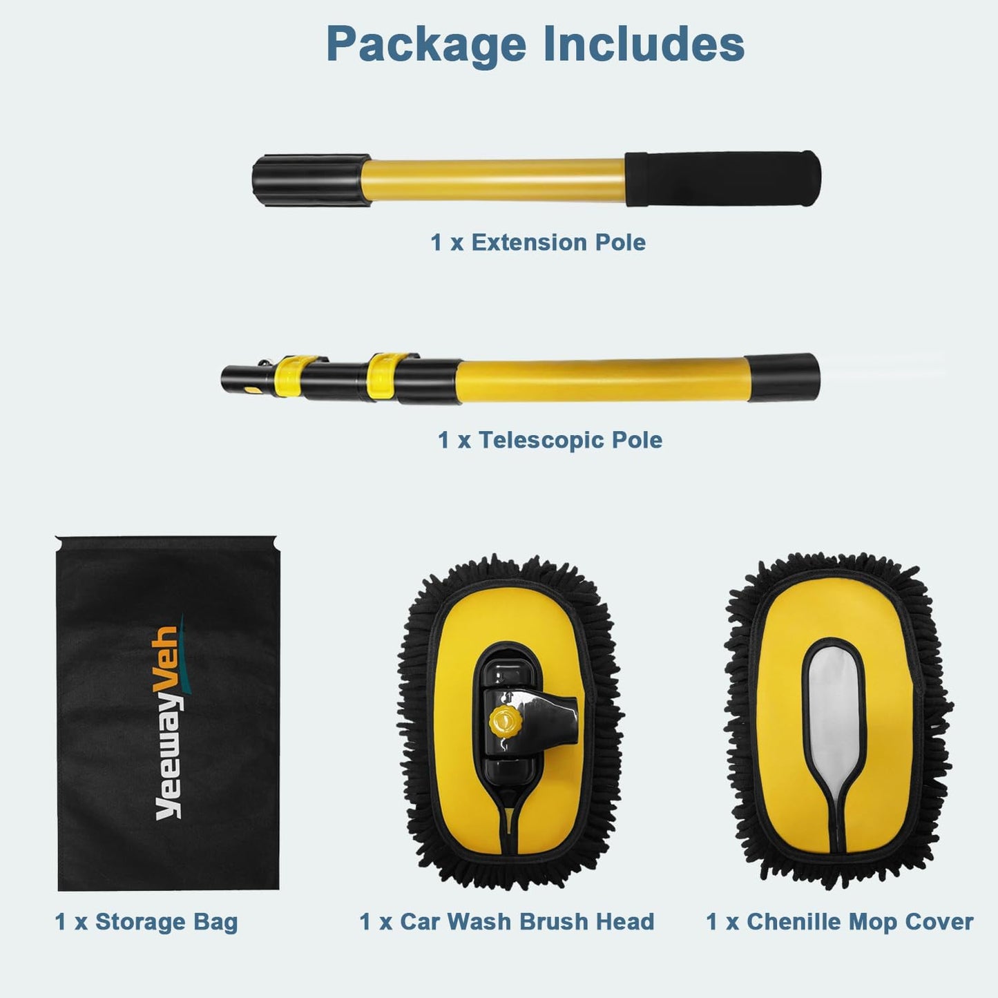 55" Car Wash Brush with Long Handle, 15° Curved Extendable Car Cleaning Brush with Replaceable Microfiber Mop Head, Portable Washing Brush Kit with Storage Bag for RV Truck Camper Cleaning