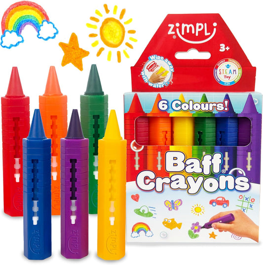 ZIMPLI - Set of 6 Large Washable Bath Crayons for Kids, Mess-Free Creative Shower Toy, Easy Clean Bath Fun, Tub Paint Sticks for Arts & Crafts