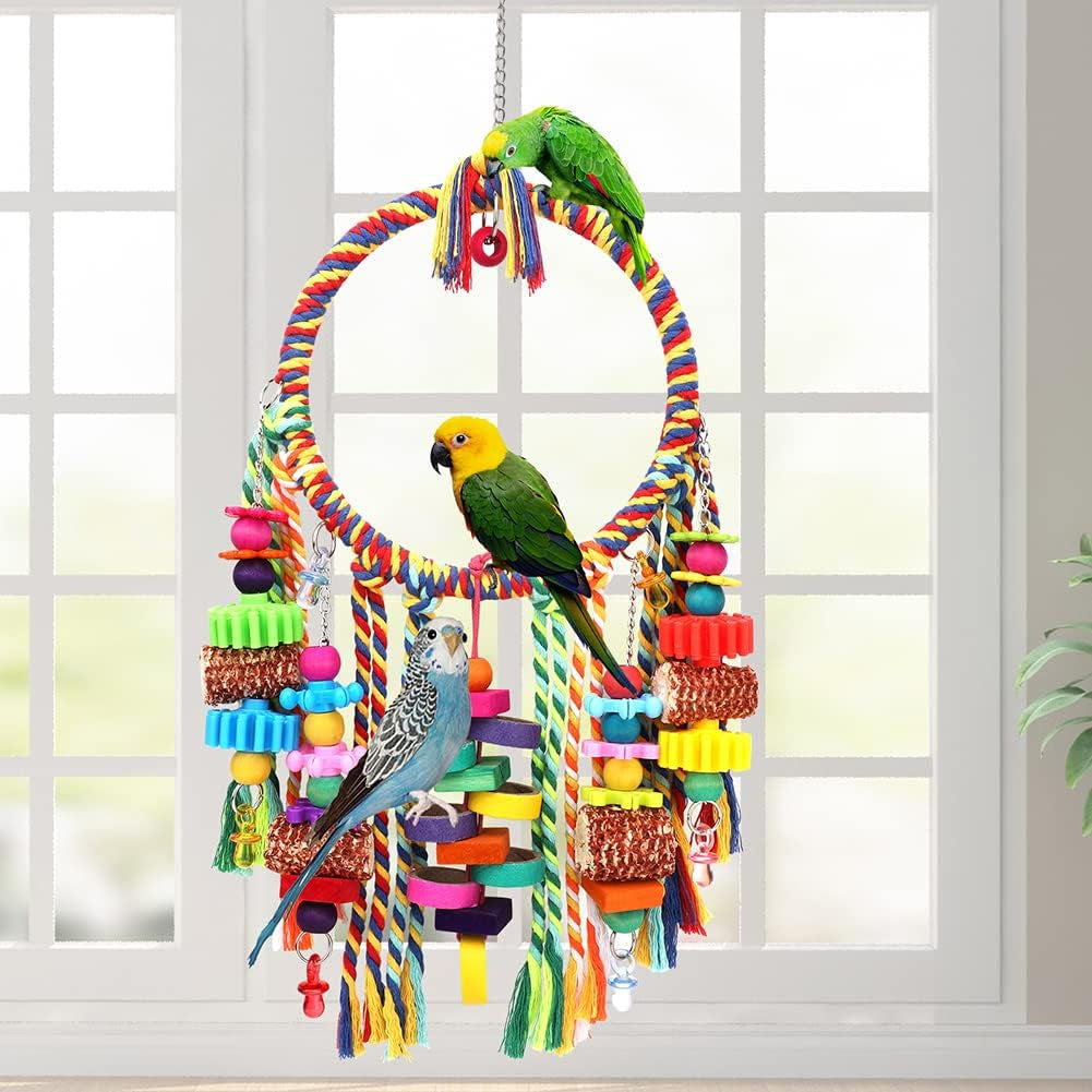 Bird Toys Bird Rope Ring Swing Perch with Corn Cob Cardboard Bagels Wooden Blocks Chewing Toys for Parakeets,Conure,Lovebirds,Finches and Other Small to Medium-Sized Birds