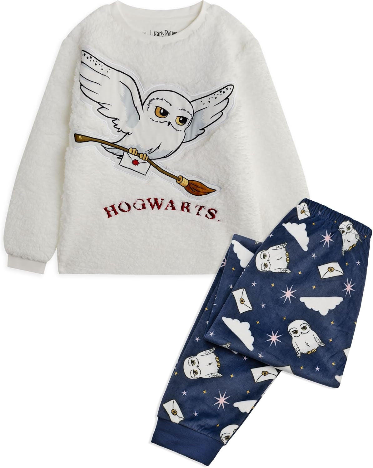 Kids Pyjama Set | Hogwarts Hedwig Long Sleeve Fleece Top & All over Print Loungewear Bottoms | Complete Matching Sleepwear Bundle | Movie Magic Merchandise Apparel Gift