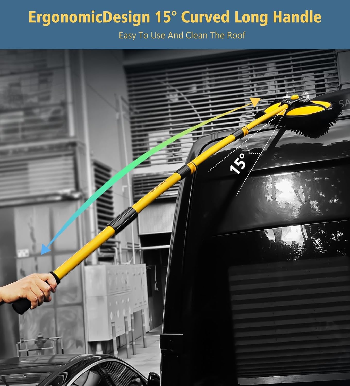 55" Car Wash Brush with Long Handle, 15° Curved Extendable Car Cleaning Brush with Replaceable Microfiber Mop Head, Portable Washing Brush Kit with Storage Bag for RV Truck Camper Cleaning