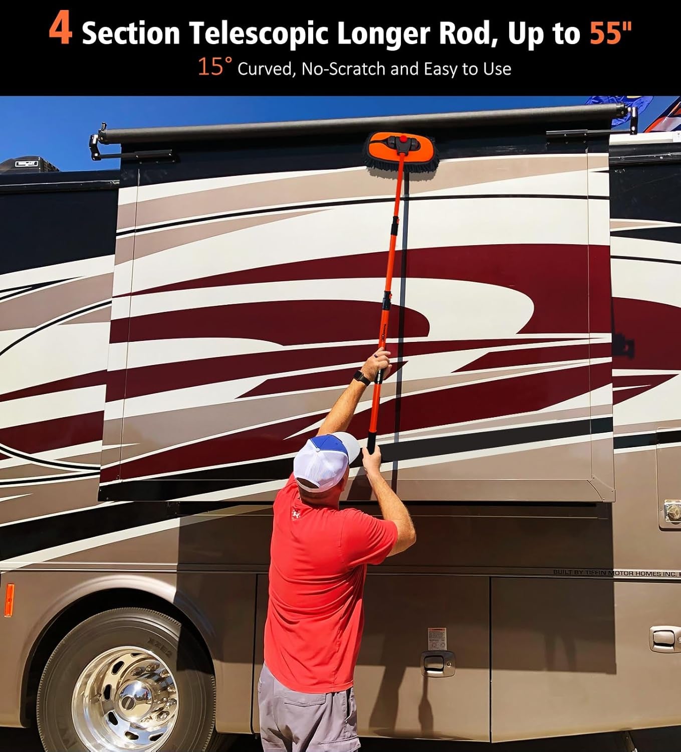 55" Car Wash Brush Mop with Long Handle, Extendable Curved Car Cleaning Brush with Extra Microfiber Mop Head, Soft Car Wash Brush Kit with Storage Bag for Truck SUV Cleaning, Orange