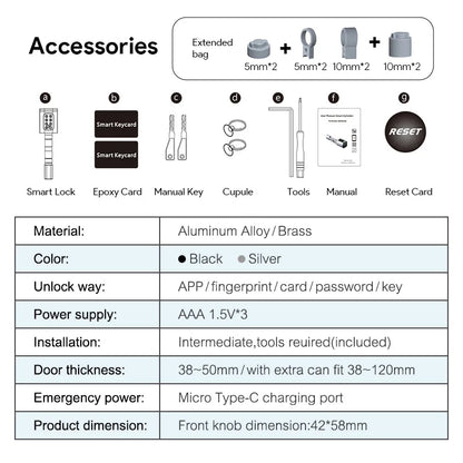 V1 Pro+ Version Adjustable TUYA APP Smart Life Fingerprint Password Digital RFID Card Cylinder Smart Door Lock for Home