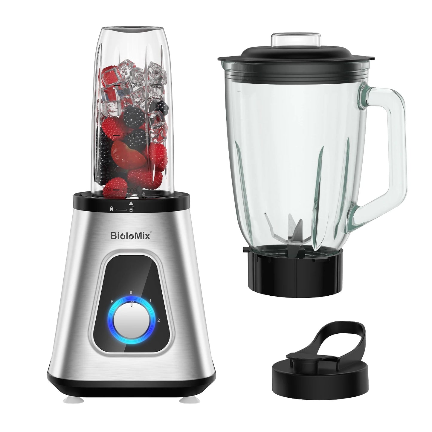 BioloMix 1300W Smoothie Blender with 1.5L Glass Jar, Personal Blenders Combo for Frozen Fruit Drinks,  Sauces