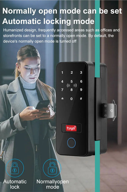 Tuya APP Glass Door Fingerprint Lock Bluetooth Smart Biometric Electronic Door Lock 13.56Mhz RFID Remote Control Keyless Unlock