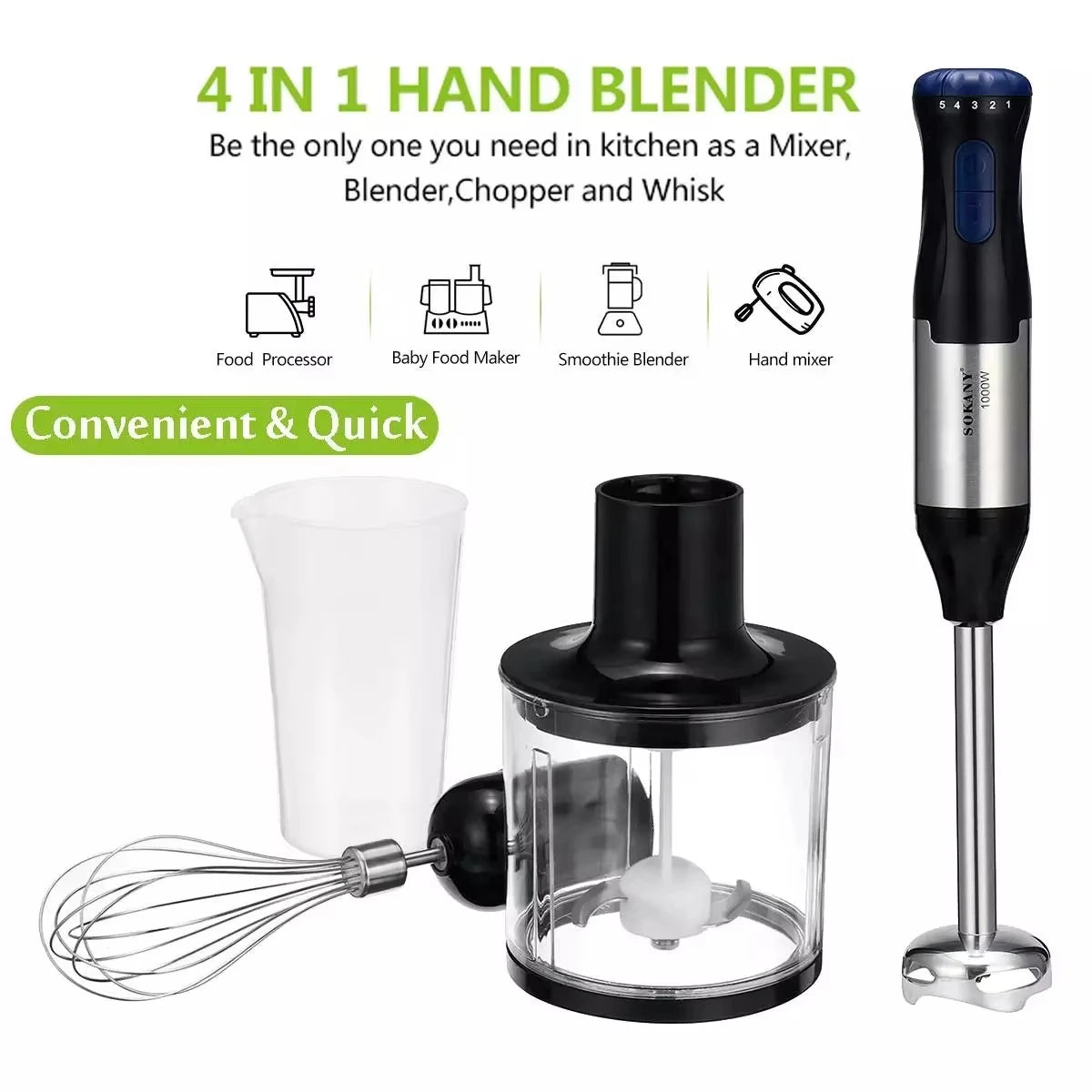Sokany Powerful 4 in 1 Stick Hand Blender Set Stainless Steel Immersion Chopper Beaker Electric Whisk For Kitchen  Baby Food
