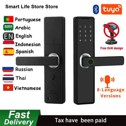 Support 8 Languages Fingerprint Lock Smart Door Lock For 150 Users Capacity Household  Tuya Intelligent Life APP Control