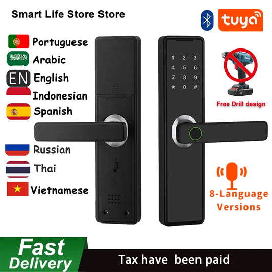 Support 8 Languages Fingerprint Lock Smart Door Lock For 150 Users Capacity Household  Tuya Intelligent Life APP Control