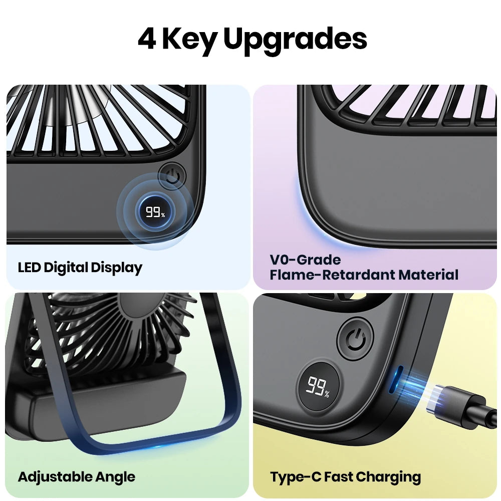 TOPK Desk Table Fan Rechargeable 2000mAh/4500mAh Battery Operated Desktop Fan Silent Thin Personal Fan with Power & Speed Displa