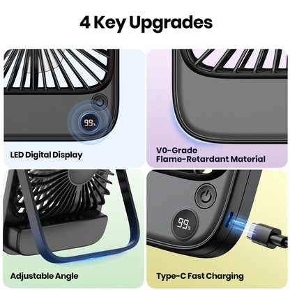 TOPK Desk Table Fan Rechargeable 2000mAh/4500mAh Battery Operated Desktop Fan Silent Thin Personal Fan with Power & Speed Displa