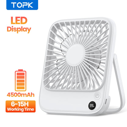 TOPK Desk Table Fan Rechargeable 2000mAh/4500mAh Battery Operated Desktop Fan Silent Thin Personal Fan with Power & Speed Displa