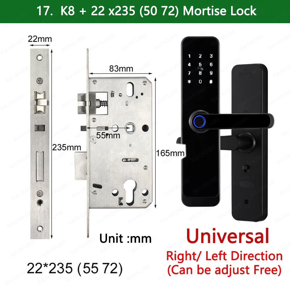 2023 NEW RAYKUBE K8 Tuya Wifi Smart Door Lock TT Lock Fingerprint Lock Digital Electric Lock With Longer Larger Handle Panels