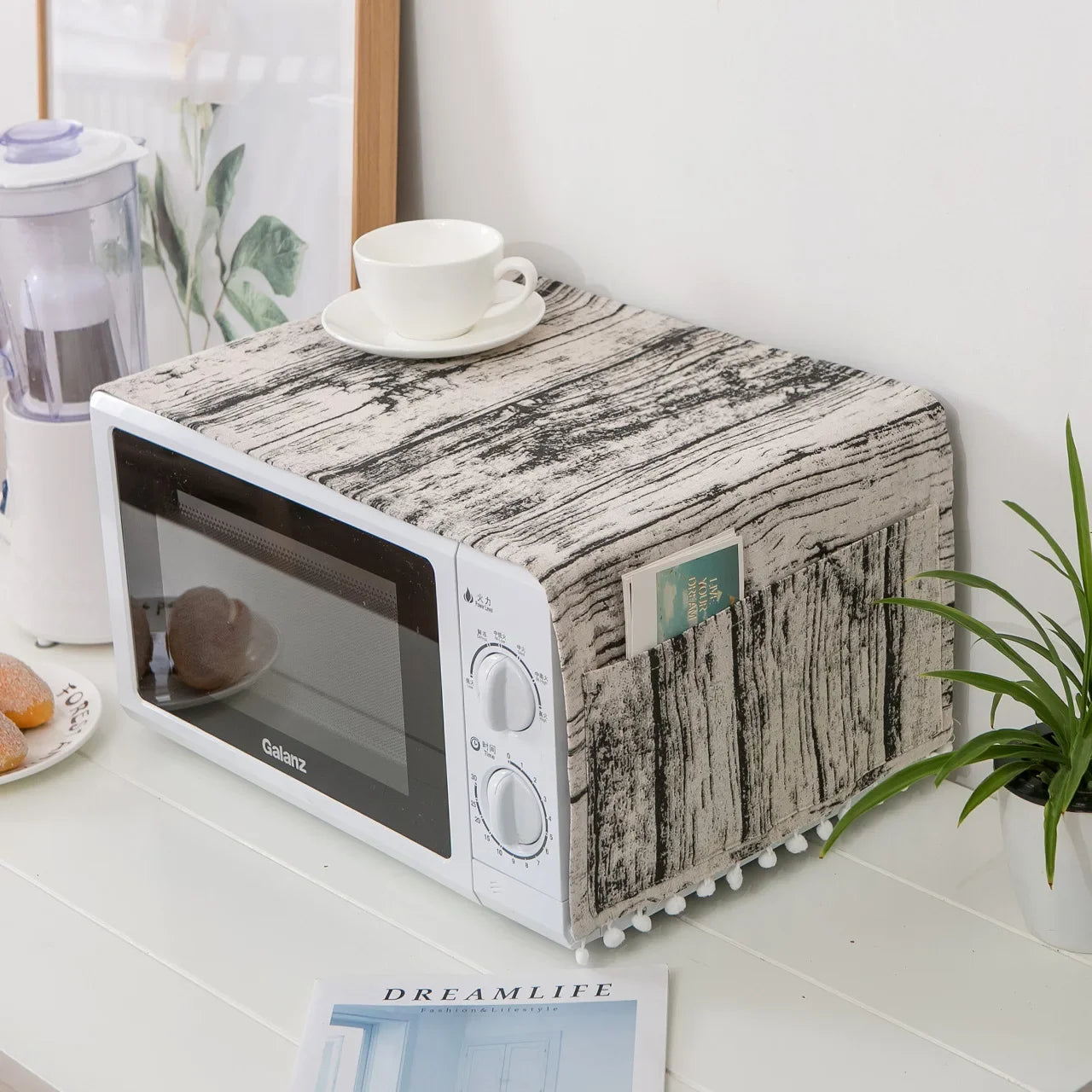 Microwave oven cover, cotton linen, black, pink, storage bag, Double Pockets, dust cover, kitchen accessories