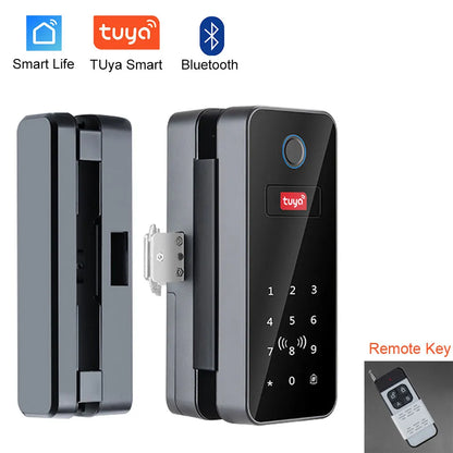 Tuya APP Glass Door Fingerprint Lock Bluetooth Smart Biometric Electronic Door Lock 13.56Mhz RFID Remote Control Keyless Unlock