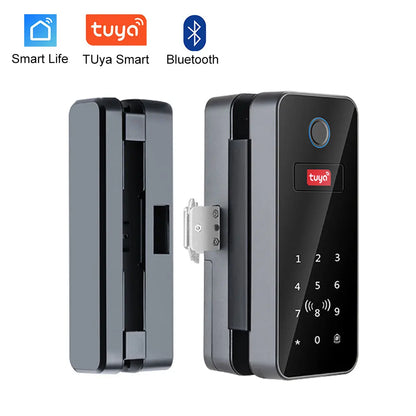 Tuya APP Glass Door Fingerprint Lock Bluetooth Smart Biometric Electronic Door Lock 13.56Mhz RFID Remote Control Keyless Unlock