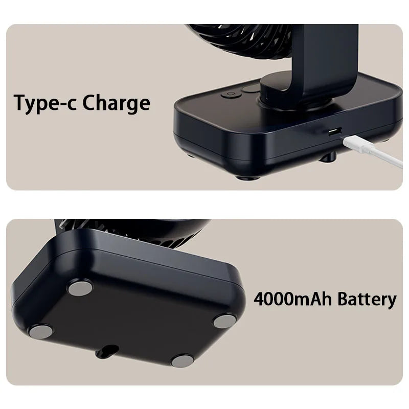 Portable Table Fan Type-c Rechargeable 4 Speeds Desk USB Cooling Fan Wireless Oscillating Wall Hanging Fan 90° Degrees Adjust