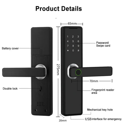 Support 8 Languages Fingerprint Lock Smart Door Lock For 150 Users Capacity Household  Tuya Intelligent Life APP Control
