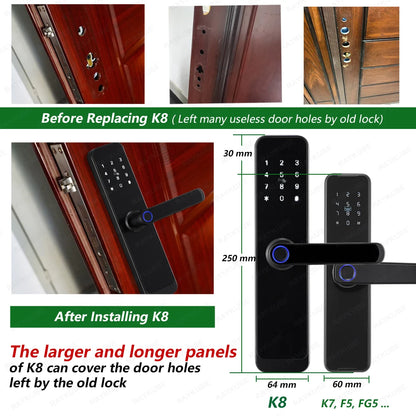 2023 NEW RAYKUBE K8 Tuya Wifi Smart Door Lock TT Lock Fingerprint Lock Digital Electric Lock With Longer Larger Handle Panels