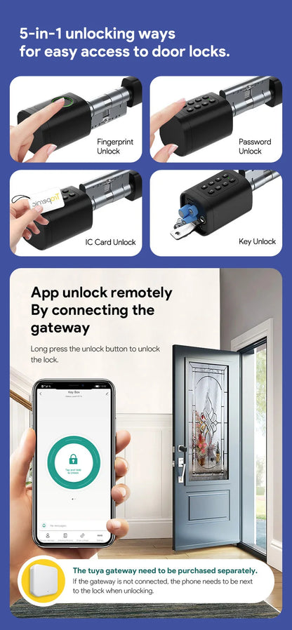 V1 Pro+ Version Adjustable TUYA APP Smart Life Fingerprint Password Digital RFID Card Cylinder Smart Door Lock for Home