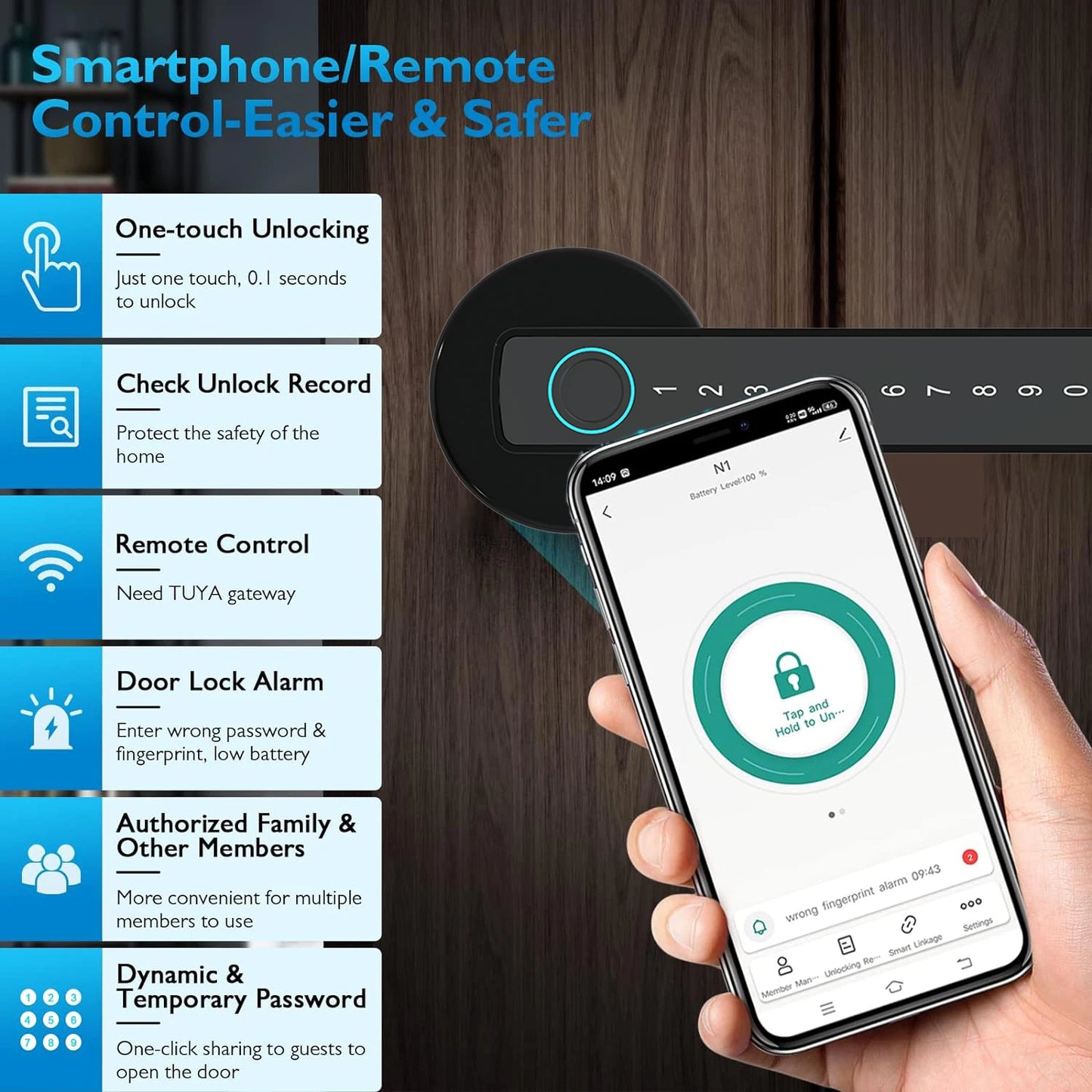 Fingerprint Door Lock Touchscreen Keypad Deadbolt Lock with Reversible Handle Tuya APP Remote Control Biometric Smart Lock