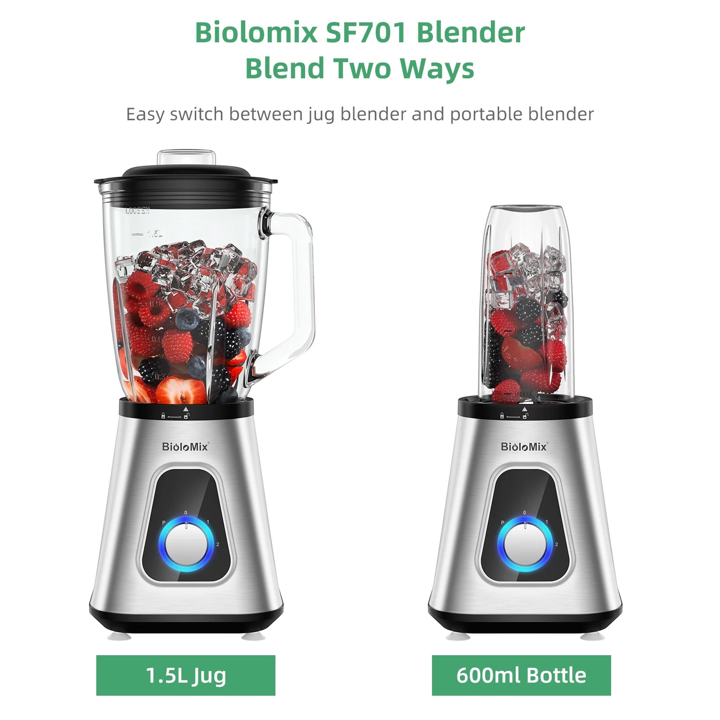 BioloMix Personal Blenders with 1.5L Glass Jar, 1300W Smoothie Blender Combo for Frozen Fruit Drinks, Sauces