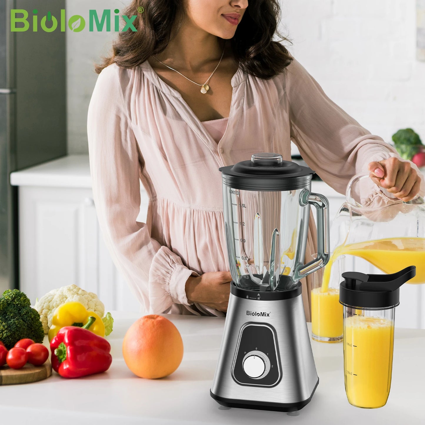 BioloMix 1300W Smoothie Blender with 1.5L Glass Jar, Personal Blenders Combo for Frozen Fruit Drinks,  Sauces