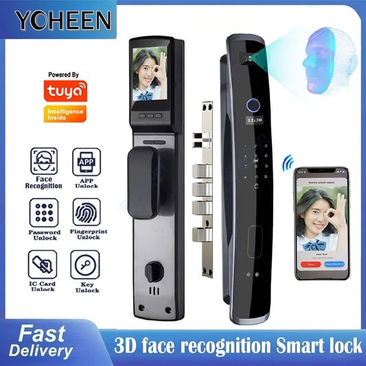 3D Face Recognition Fingerprint Smart Digital Lock TUYA App Wifi Key Card Nfc Rfid Code Electric Door Lock with 6068 Mortise