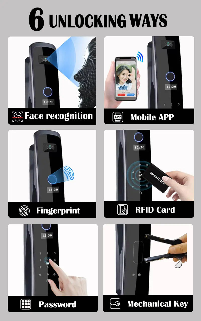 3D Face Recognition Fingerprint Smart Digital Lock TUYA App Wifi Key Card Nfc Rfid Code Electric Door Lock with 6068 Mortise