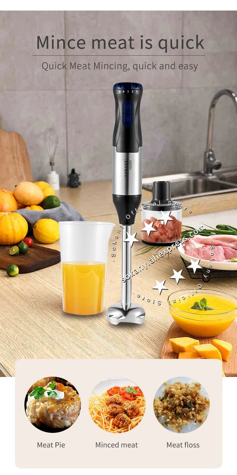 Sokany Powerful 4 in 1 Stick Hand Blender Set Stainless Steel Immersion Chopper Beaker Electric Whisk For Kitchen  Baby Food