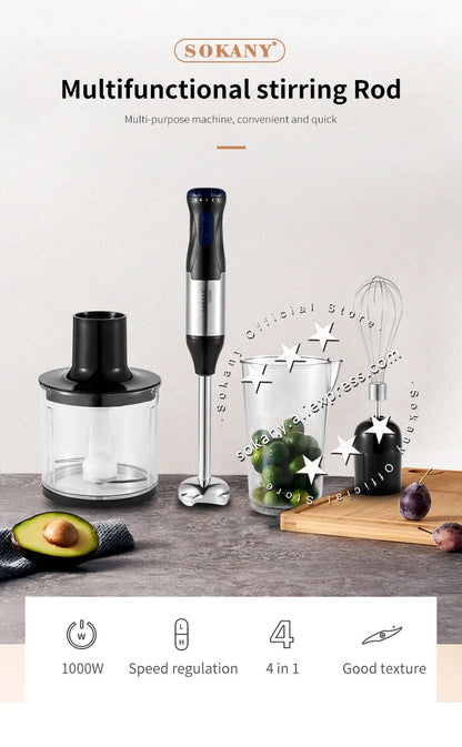 Sokany Powerful 4 in 1 Stick Hand Blender Set Stainless Steel Immersion Chopper Beaker Electric Whisk For Kitchen  Baby Food