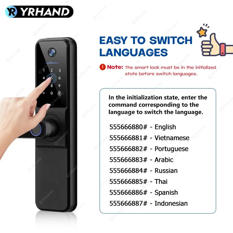 YRHAND H01 Fechadura Eletronica Tuya Wifi Digital Electronic Smart Door Lock With Biometric Camera Fingerprint IP66 Smart Lock