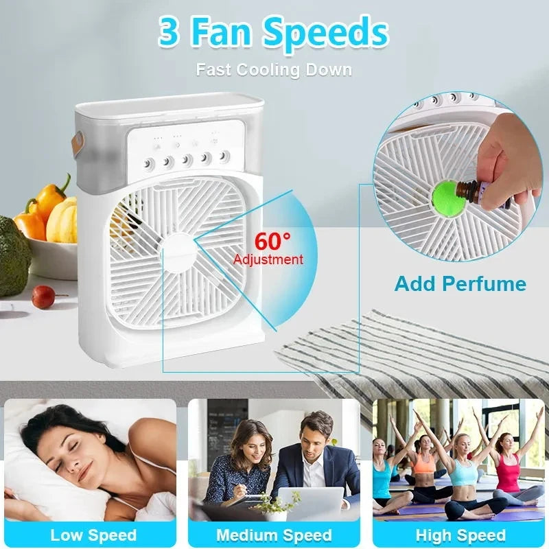 Electric Fan Portable Air Conditioner USB LED Night Light Water Mist Fun 3 In 1 Humidifier Mini Desktop Cooling Fan For Home