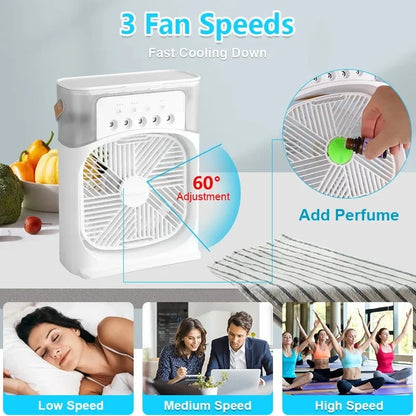 Electric Fan Portable Air Conditioner USB LED Night Light Water Mist Fun 3 In 1 Humidifier Mini Desktop Cooling Fan For Home