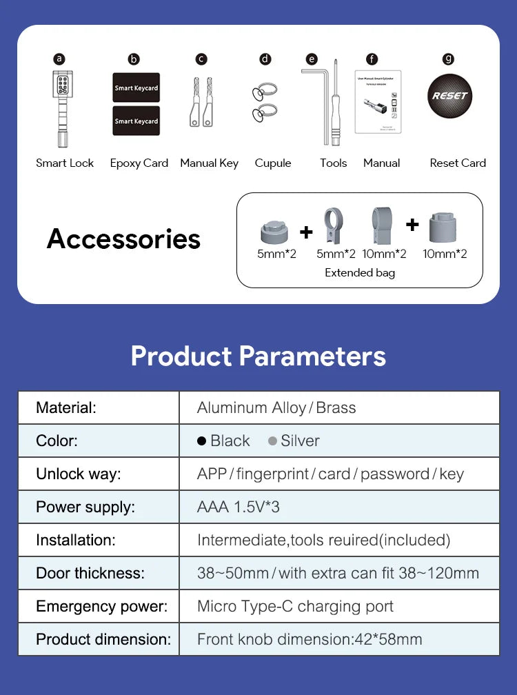 V1 Pro+ Version Adjustable TUYA APP Smart Life Fingerprint Password Digital RFID Card Cylinder Smart Door Lock for Home