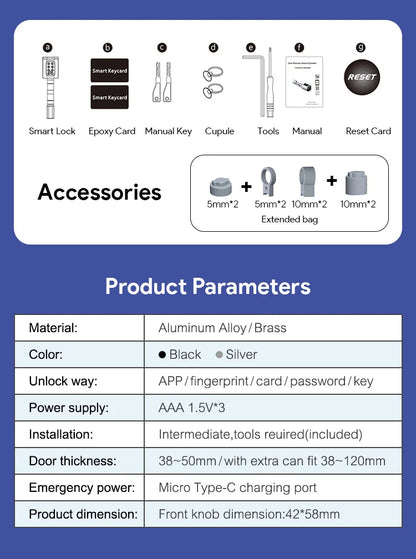 V1 Pro+ Version Adjustable TUYA APP Smart Life Fingerprint Password Digital RFID Card Cylinder Smart Door Lock for Home