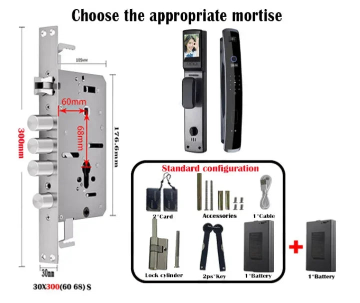 3D Face Recognition Fingerprint Smart Digital Lock TUYA App Wifi Key Card Nfc Rfid Code Electric Door Lock with 6068 Mortise