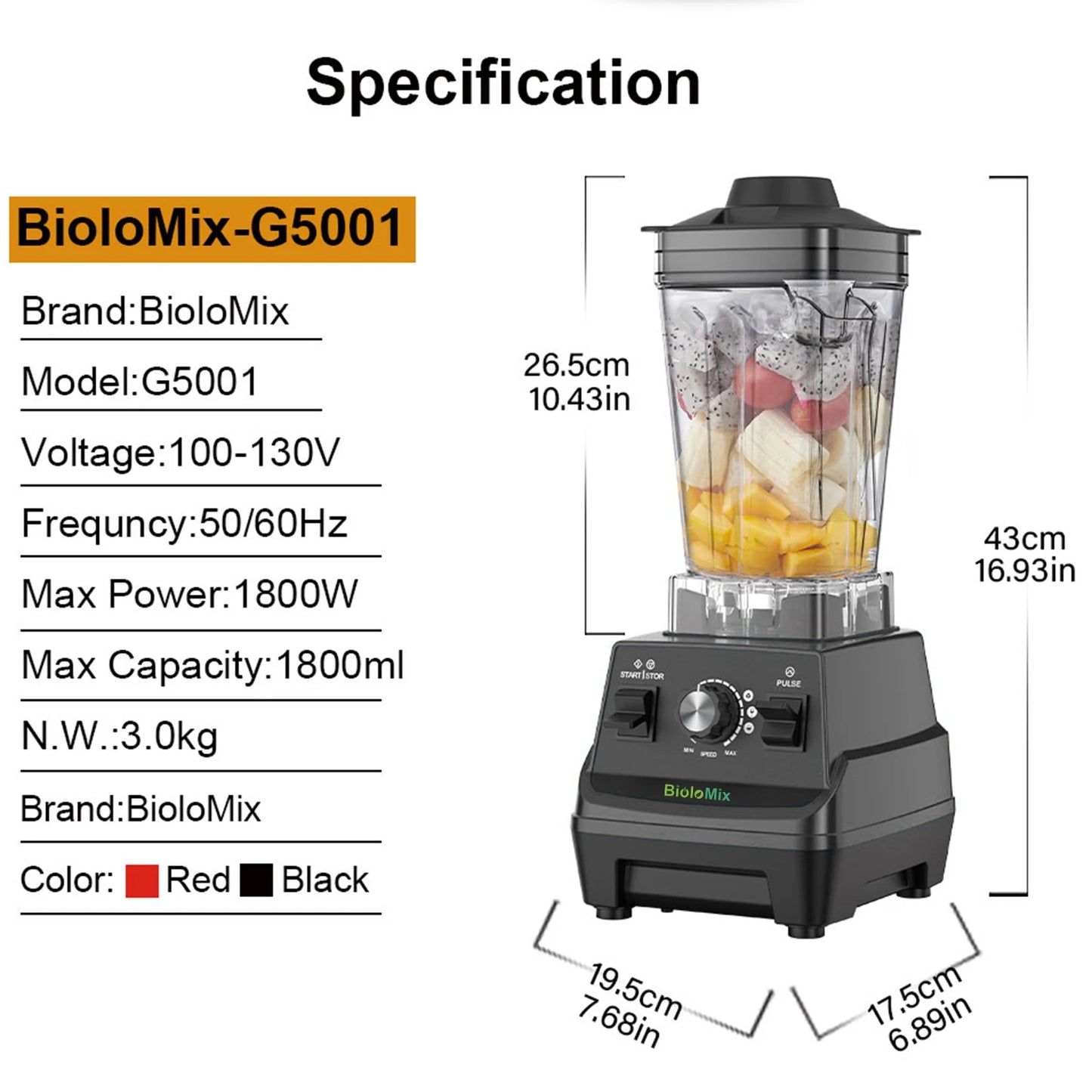 BioloMix Mini Pro 1800W High Power Smoothie Blender BPA Free 1.8L and 0.6L Dual Jar High Performance Kitchen Mixer Juicer