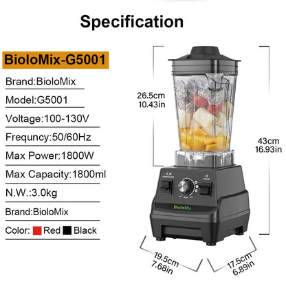 BioloMix Mini Pro 1800W High Power Smoothie Blender BPA Free 1.8L and 0.6L Dual Jar High Performance Kitchen Mixer Juicer