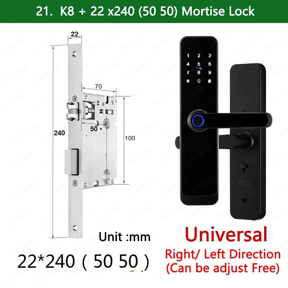 2023 NEW RAYKUBE K8 Tuya Wifi Smart Door Lock TT Lock Fingerprint Lock Digital Electric Lock With Longer Larger Handle Panels