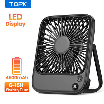 TOPK Desk Table Fan Rechargeable 2000mAh/4500mAh Battery Operated Desktop Fan Silent Thin Personal Fan with Power & Speed Displa